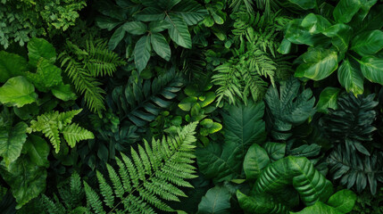Poster - Lush Green Tropical Foliage Background: A vibrant, dense collection of various ferns, leaves, and plants creates a rich, textured backdrop ideal for nature-themed designs. : Generative AI