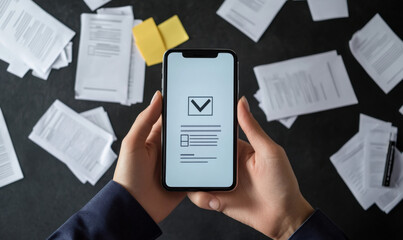 Poster - Person reviewing checklist on smartphone amidst scattered paperwork, suggesting task management or project completion. : Generative AI