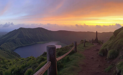 Poster - Serene sunset over a volcanic crater lake, viewed from a scenic hiking trail with a wooden fence and a stone monument at the horizon. : Generative AI