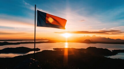 Poster - A vibrant sunrise illuminates a flag waving atop a mountain overlooking a serene lake and distant islands, creating a breathtaking panoramic view. : Generative AI