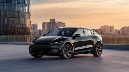 Poster - Sleek black electric SUV parked on a rooftop overlooking a modern cityscape at sunset, showcasing its elegant design and futuristic features. : Generative AI