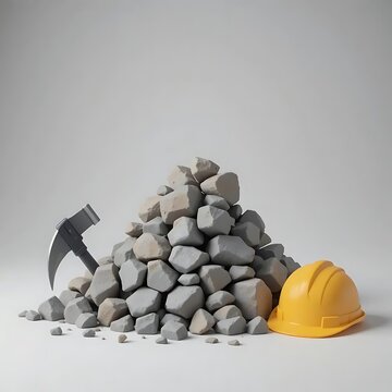 Pile of Rocks with Pickaxe and Hard Hat on Plain Background