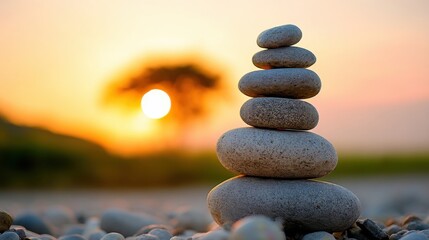 Poster - Serene stack of grey stones at sunset, balanced carefully, with a blurred sun and tree in the background, conveying peace and tranquility. : Generative AI