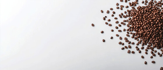 Poster - Roasted coffee beans scattered on a white surface, creating a visually appealing composition with copy space. Ideal for coffee-related branding or culinary themes. : Generative AI