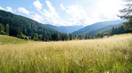 Poster - Serene mountain meadow landscape with tall grass, wildflowers, and a backdrop of lush green forests under a bright, partly cloudy sky. : Generative AI