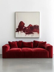Poster - Crimson velvet sofa with abstract maroon painting in modern minimalist interior setting.  The plush cushions and low profile design create a cozy and sophisticated atmosphere. : Generative AI