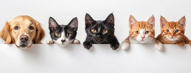 Poster - Golden retriever and three adorable kittens peek over a white banner, showcasing their playful and curious expressions. : Generative AI
