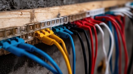 Aufkleber - Closeup of colorful network cables plugged into a wooden patch panel mounted on a concrete wall, showcasing vibrant hues and intricate details of the wiring system. : Generative AI