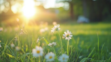 Poster - Two daisies stand tall in a sunlit meadow, their white petals glowing against the vibrant green grass and warm sunset light. : Generative AI