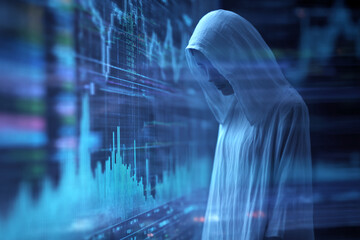 Leinwandbilder - Hooded figure in white robe against a backdrop of blue data streams and graphs, symbolizing mystery, technology, or data analysis