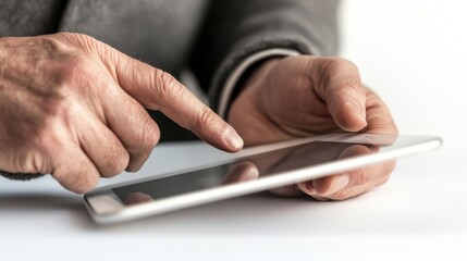 Aufkleber - Close-up of senior man's hands using a tablet computer, fingers touching the screen, showcasing technology and aging. : Generative AI