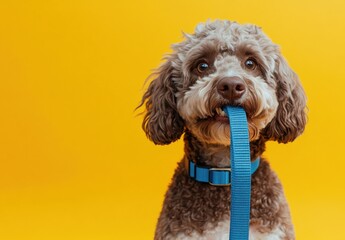 Poster - Playful brown poodle puppy playfully chewing on a blue leash against a vibrant yellow background.  The dog's expression is happy and mischievous. : Generative AI