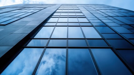 Leinwandbilder - Modern skyscraper facade detail showcasing a geometric pattern of blue glass windows and grey stone panels, viewed from a low angle perspective. : Generative AI