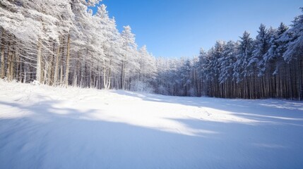 Poster - Sunlit snow drifts in a winter forest, showcasing snow-covered pine trees under a vibrant blue sky.  The scene evokes serenity and the beauty of a cold, crisp winter day. : Generative AI