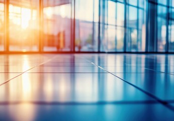 Poster - Reflective floor tiles in a modern office building, bathed in warm sunset light streaming through large windows, creating a vibrant, clean, and professional atmosphere. : Generative AI