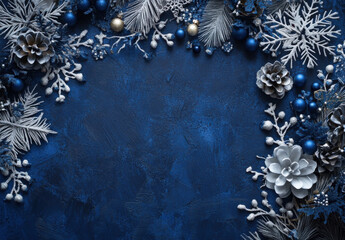 Aufkleber - Elegant navy blue background decorated with silver and blue christmas ornaments, pine cones, and frosted branches, perfect for holiday cards or invitations. : Generative AI