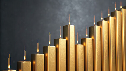 Poster - Gold candlestick chart with rising bars and candles, symbolizing