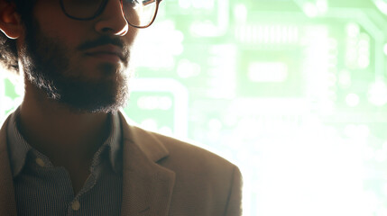Casual IT specialist with abstract tech background, symbolizing innovation in modern workspaces
