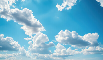 Aufkleber - A vibrant blue sky filled with fluffy cumulus clouds, illuminated by bright sunlight creating a serene and peaceful atmosphere. : Generative AI