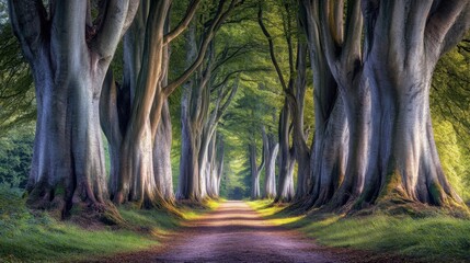 Leinwandbilder - Sunlit path through a majestic avenue of ancient beech trees, their gnarled trunks creating a cathedral-like canopy overhead. : Generative AI