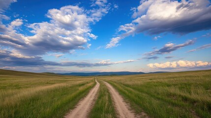 Poster - A dirt road stretches towards distant hills under a vibrant blue sky adorned with fluffy cumulus clouds, creating a serene and peaceful landscape. : Generative AI