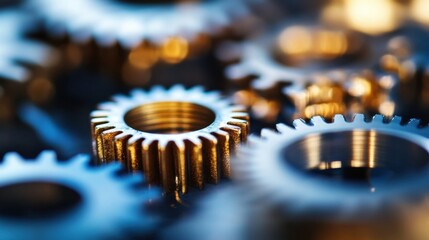 Aufkleber - Close-up view of intricate metallic gears, showcasing precision engineering and complex mechanics.  The gold and silver tones highlight the detailed craftsmanship. : Generative AI