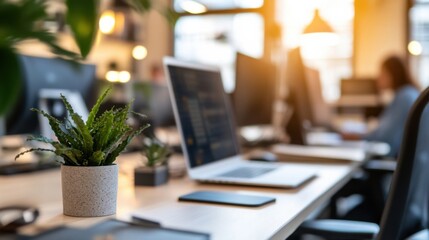 Poster - Modern office workspace with a small potted plant in the foreground, blurred background showing laptops and colleagues working. : Generative AI