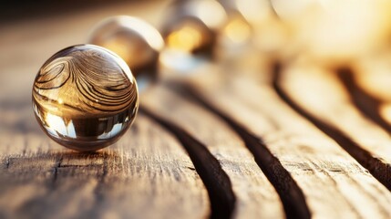 Leinwandbilder - Glass spheres reflecting wooden texture in warm sunlight, creating a serene and minimalist scene. : Generative AI
