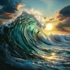 Fototapete - A majestic, turquoise ocean wave crests at sunset, sunlight reflecting off its surface, creating a breathtaking spectacle of nature's power and beauty. : Generative AI