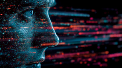 Poster - Profile view of a face composed of glowing particles, set against a blurred background of multicolored streaks, symbolizing digital transformation or technological advancement