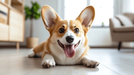 Poster - Happy Pembroke Welsh Corgi puppy lying on light wooden floor in modern home interior, big ears, tongue out, adorable pet. : Generative AI