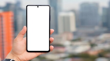 Poster - Person holding smartphone with blank screen against blurred city skyline backdrop.  Perfect for app presentations or mobile technology advertising. : Generative AI