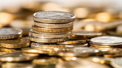 Leinwandbilder - A stack of shiny gold and silver coins stands prominently atop a large pile of similar currency, suggesting wealth, savings, or financial prosperity. : Generative AI