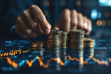 Leinwandbilder - Closeup of hands carefully stacking golden coins on a digital screen displaying financial charts, illustrating wealth management and investment growth. : Generative AI