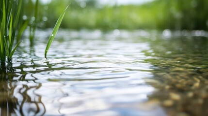 Poster - Serene close-up of tranquil water with blades of grass gently swaying, reflecting sunlight on a calm riverbed. : Generative AI
