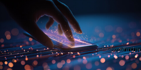 Poster - Hand interacting with glowing phone screen, digital particles emanating, dark blue background, showcasing technological innovation and connection