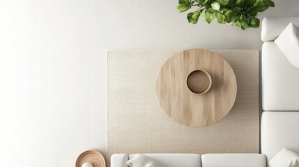Poster - Overhead view of a minimalist living room featuring a beige rug, a light wood coffee table, and a white sofa with cushions, complemented by a small woven basket and a potted plant. : Generative AI