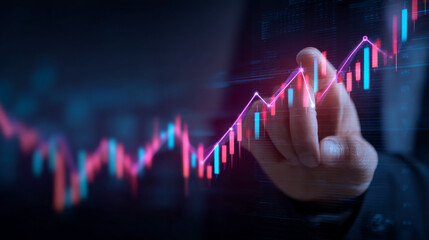 Poster - hand interacting with glowing financial graph, showcasing upward trend, symbolizing growth, success,