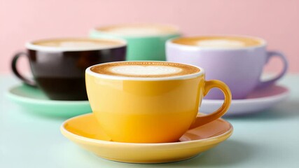 Poster - Row of colorful coffee cups sit on a table with their saucers. The cups are arranged in a row, with the yellow cup in the middle and the other cups surrounding it. The cups are of different colors