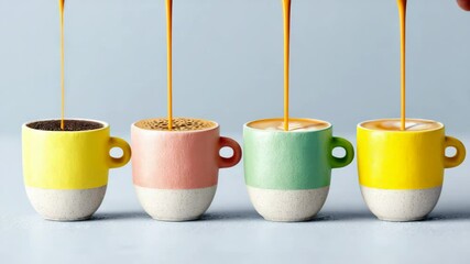 Poster - Four cups of coffee with different colors and designs. The cups are arranged in a row, with the yellow cup on the left and the green cup on the right. The other two cups are pink and white