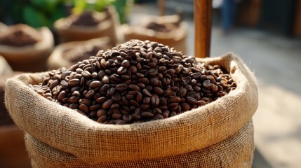 Poster - A burlap sack overflowing with dark roasted coffee beans sits in sunlight, ready for brewing or export. The rich, brown beans gleam, promising a robust and flavorful cup. : Generative AI