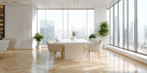 Aufkleber - Modern office interior showcasing a minimalist white table and beige chairs, overlooking a cityscape through large windows.  Represents sleek design, professional workspace, and city views.