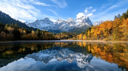 Poster - Serene autumnal lake reflecting snow-capped mountains under a vibrant blue sky, creating a breathtaking mirrored landscape. : Generative AI