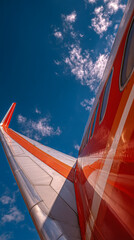 Poster - Airplane wing detail against blue sky with clouds, showcasing vibrant orange and white colors, suggesting travel, freedom and adventure