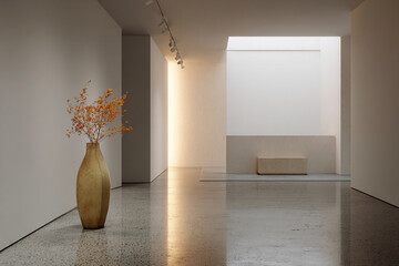 Poster - Minimalist interior showcasing a beige vase with orange flowers, situated in a modern gallery setting with a concrete floor and blank wall, ideal for product display or advertisement