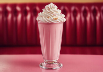 Aufkleber - Pink milkshake with whipped cream and cookie crumbs, served in a tall glass on a pink table against a red retro diner booth backdrop. : Generative AI