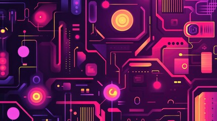 Aufkleber - Abstract vibrant circuitry design with glowing neon pink and orange components on dark background