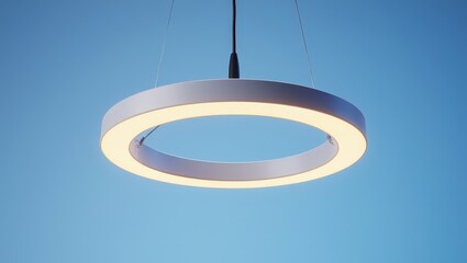 Aufkleber - A modern pendant light fixture with multiple rings of illumination against a clear blue sky.
