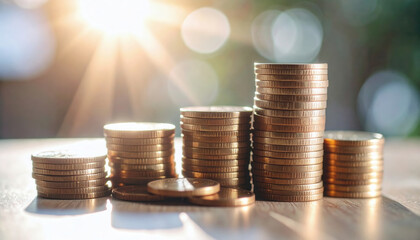 Poster - Stacks of coins building up along bottom edge while soft light