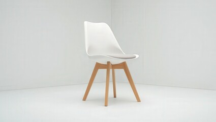 Poster - A modern white chair on a wooden stool in a neutral room.